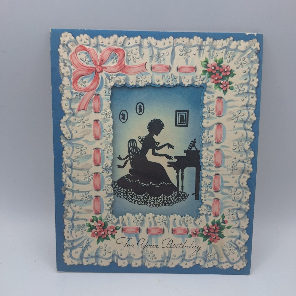 Vintage Birthday Card Silhouette‎ Woman Playing Piano Lace Bow Pink Flowers Blue